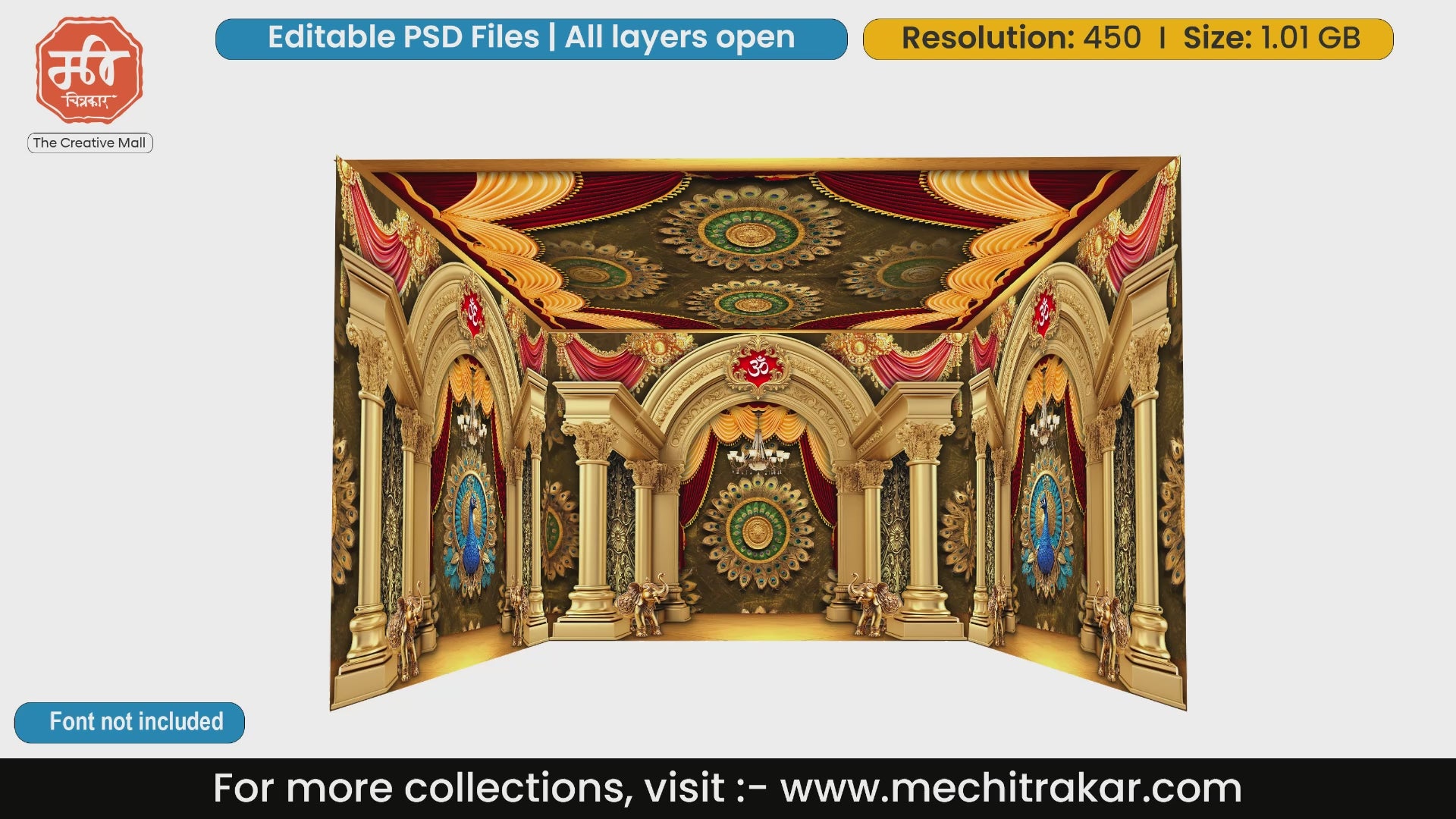 Golden peacock themed room 4 Side Decoration editable psd template for event setups