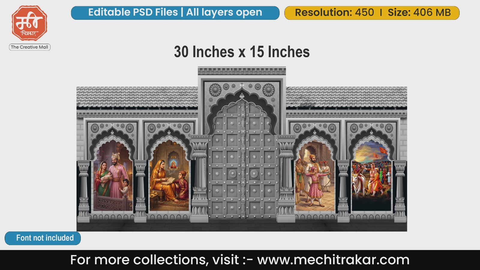 Editable PSD template backdrop of a Maratha fort featuring Rajmata Jijau and young Chhatrapati Shivaji Maharaj for flex printing.