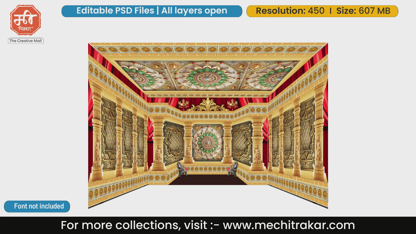 Golden lotus mandala temple backdrop with traditional elephant statues and red drapes