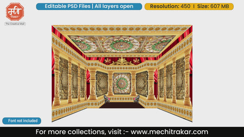 Golden lotus mandala temple backdrop with traditional elephant statues and red drapes
