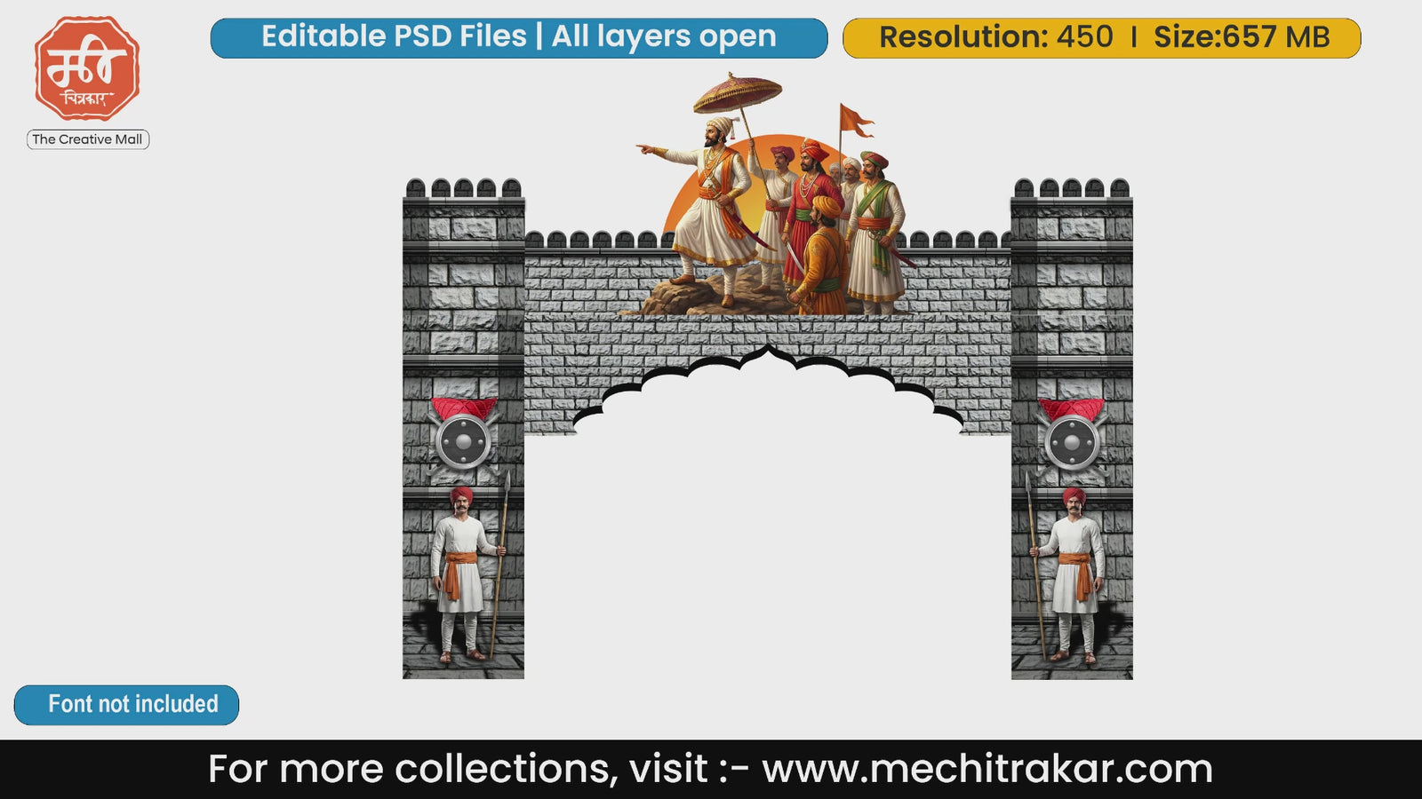 Grey brick arch entry gate editable PSD template showing Chhatrapati Shivaji Maharaj and Maratha Sardars for Shivjayanti festival flex designs.