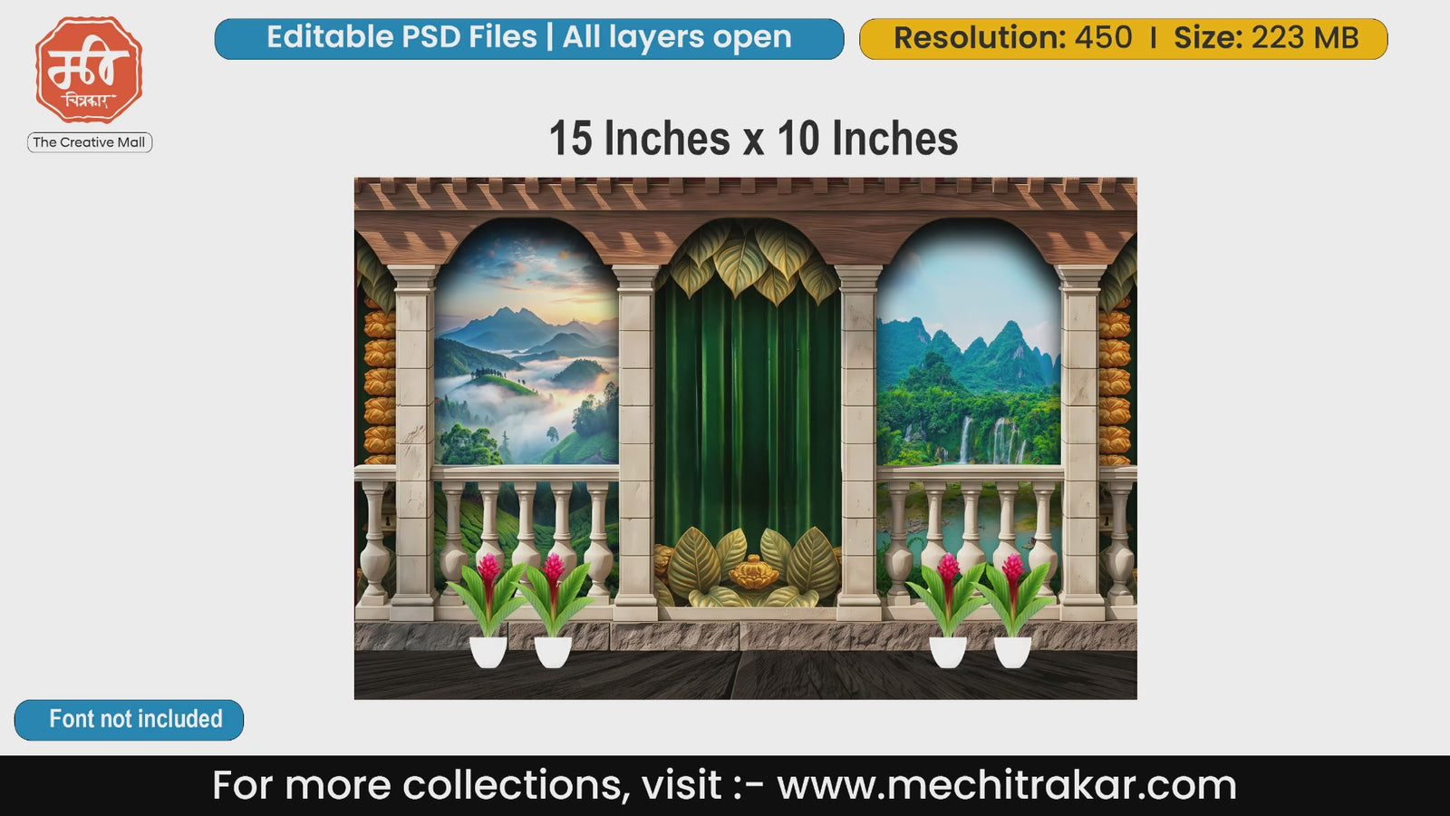 Scenic archway stage backdrop with mountain landscape view, editable PSD template.