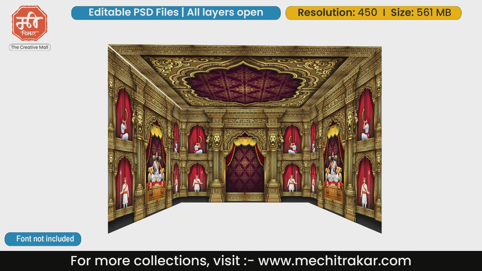 Royal golden darbar 4 Side Decoration editable psd template featuring Chhatrapati Shivaji Maharaj on throne and tutari players