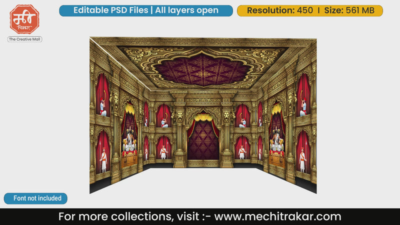 Royal golden darbar 4 Side Decoration editable psd template featuring Chhatrapati Shivaji Maharaj on throne and tutari players