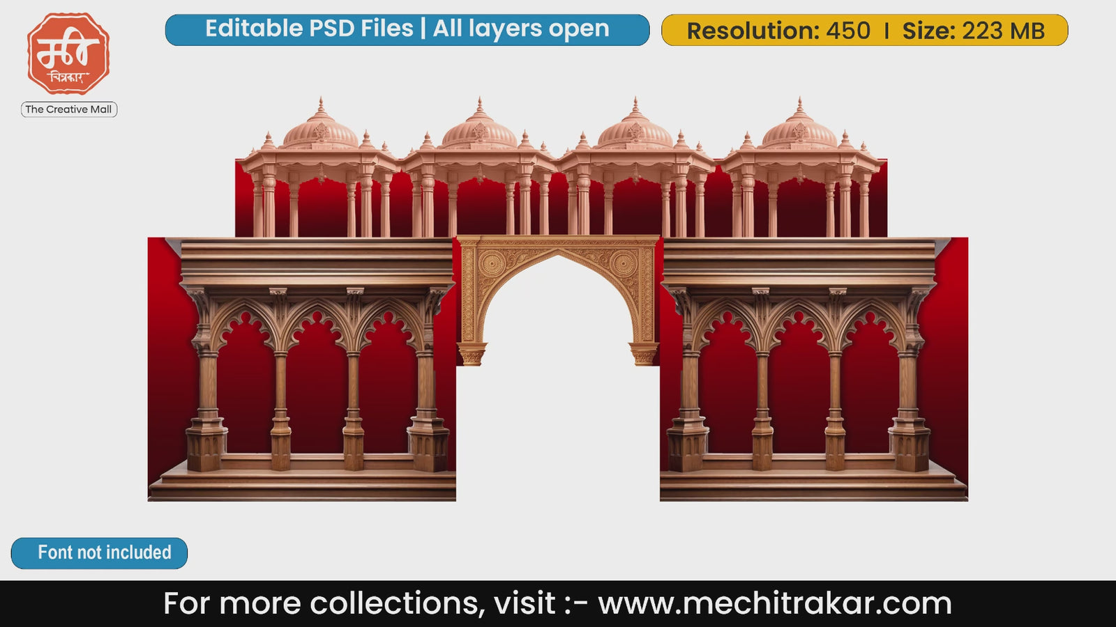 Traditional multi-dome royal sandstone palace chhatri entrance arch template in editable high-res PSD format for cultural festivals and grand events.