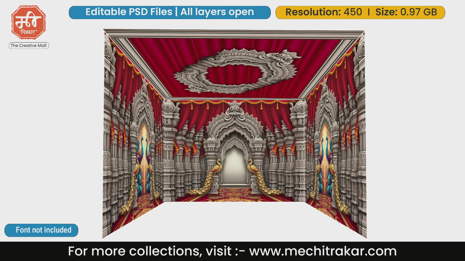 White carved stone mandap with peacocks 4 Side Decoration editable psd template for event setups