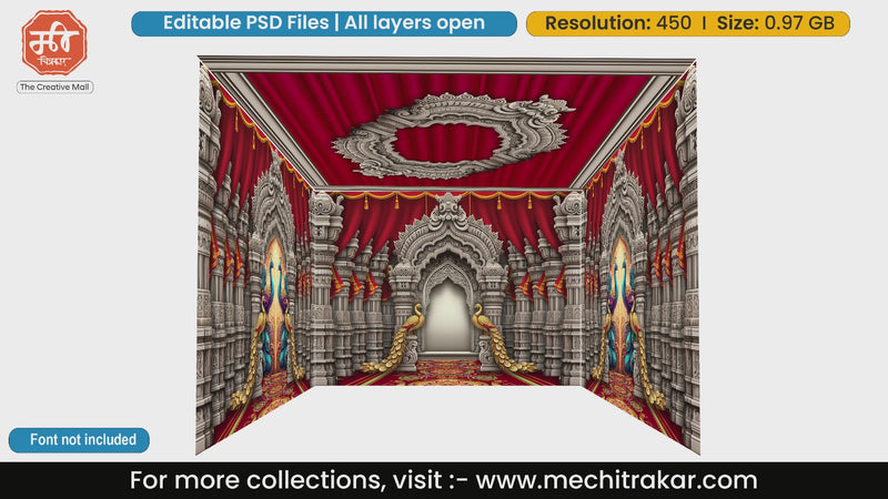 White carved stone mandap with peacocks 4 Side Decoration editable psd template for event setups