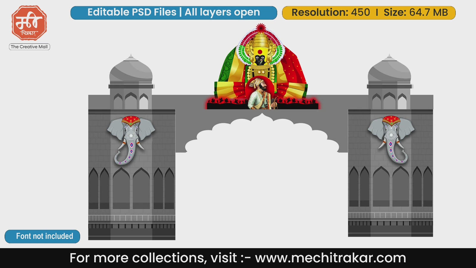 Editable PSD template of an entry gate featuring Goddess Tulja Bhavani, Chhatrapati Shivaji Maharaj, and decorated elephants for traditional events.