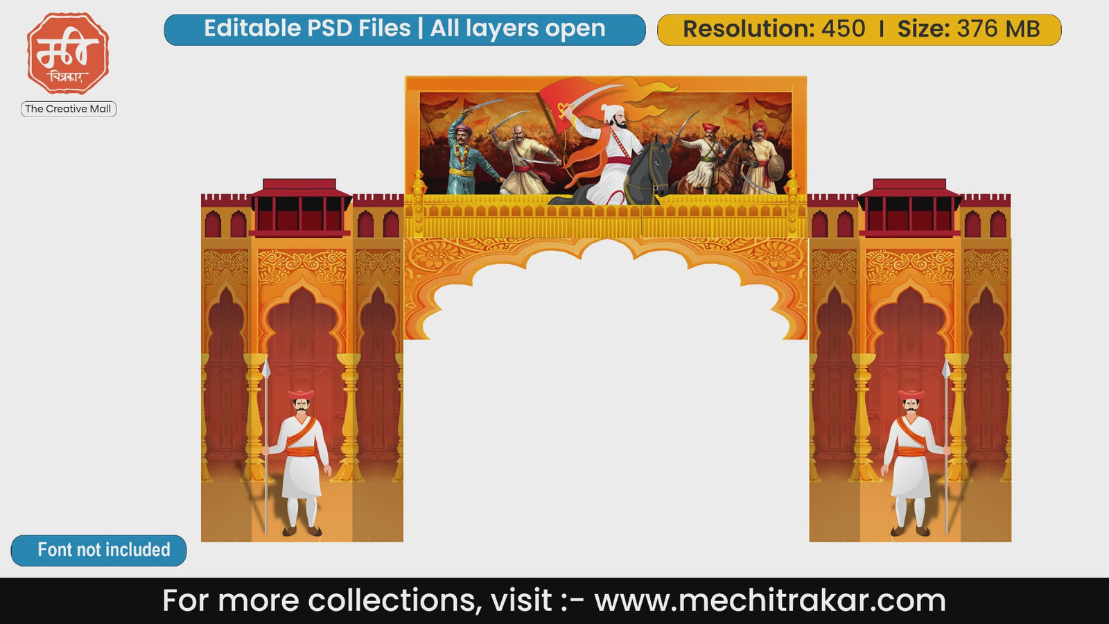 Saffron Maratha battle charge theme flex print entry gate editable PSD template.