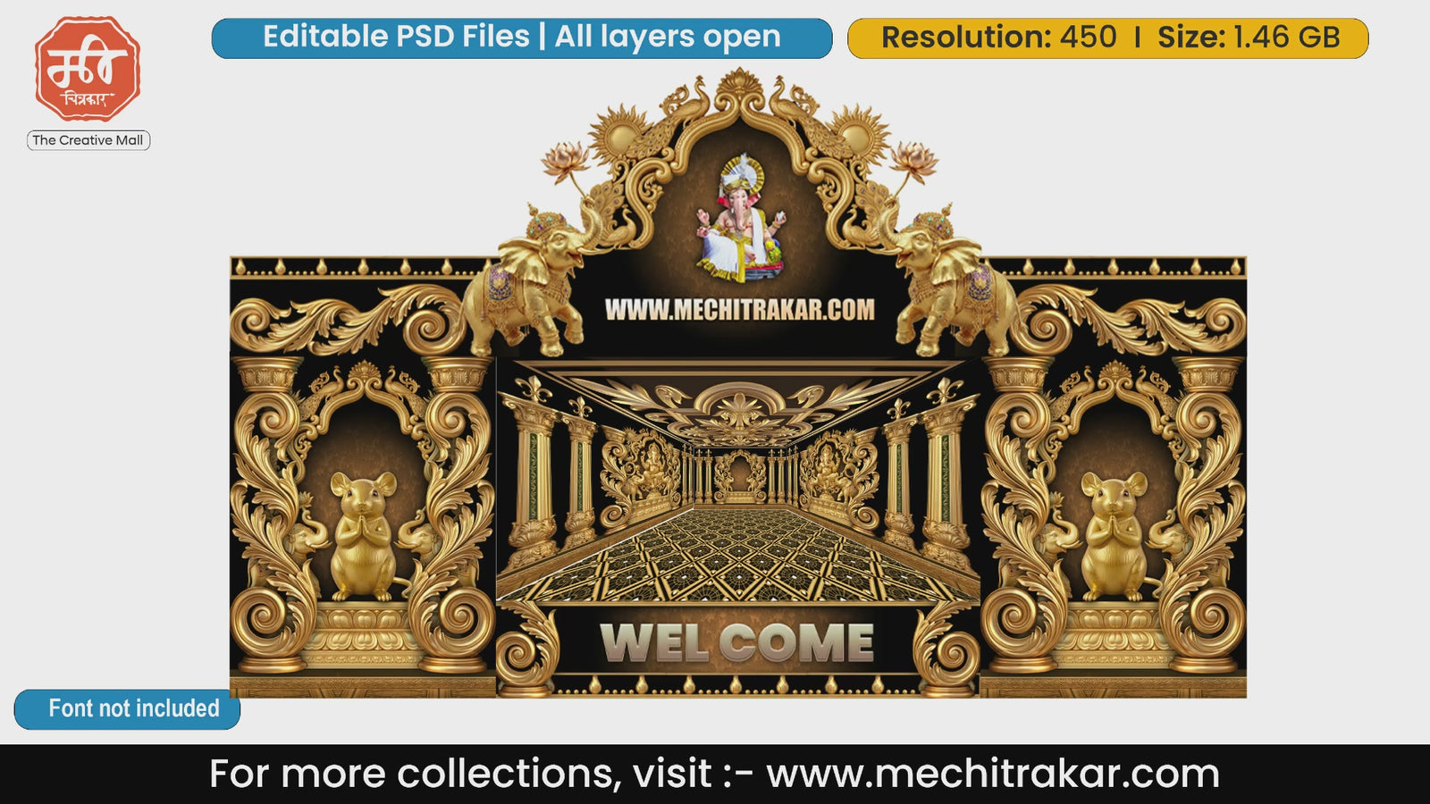 Golden Ganesha Mushak Peacock Mandap Editable PSD Template
