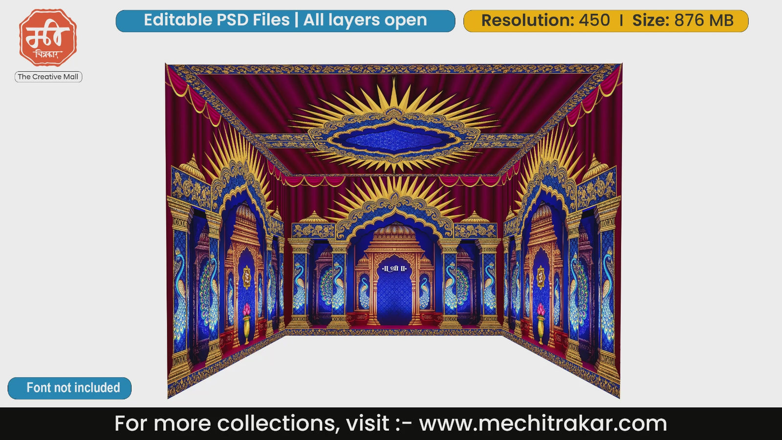 Royal blue and gold peacock motif 4 Side Decoration editable psd template for traditional Indian mandap stage design