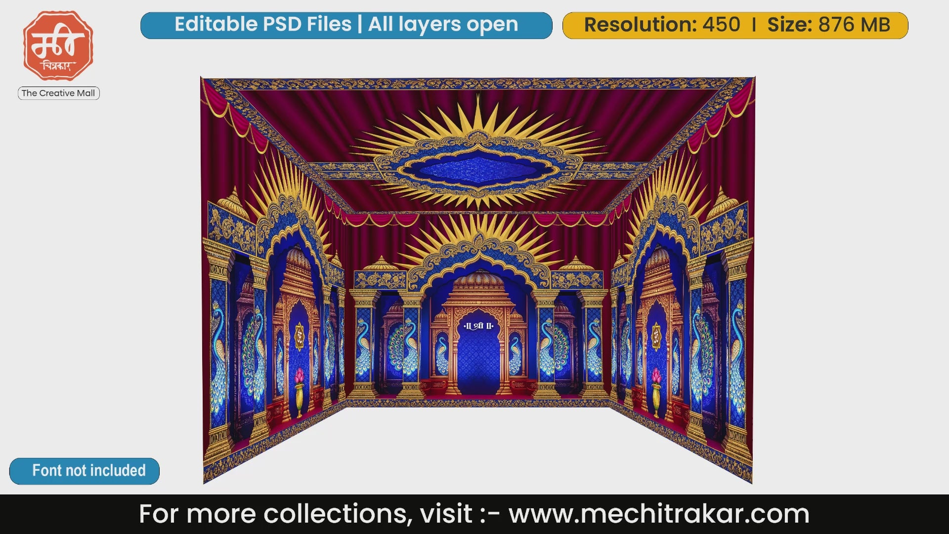 Royal blue and gold peacock motif 4 Side Decoration editable psd template for traditional Indian mandap stage design
