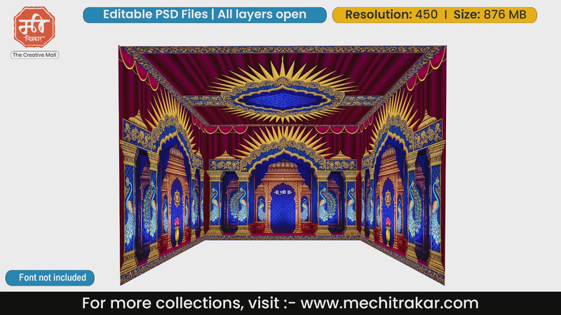 Royal blue and gold peacock motif 4 Side Decoration editable psd template for traditional Indian mandap stage design