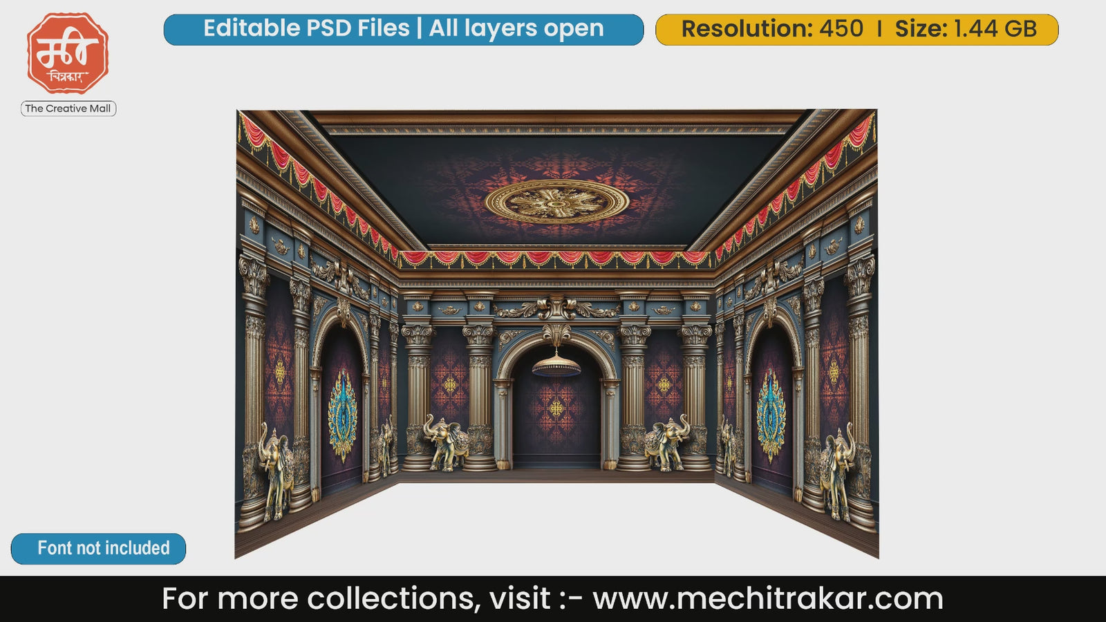 Dark navy and gold luxury 4 Side Decoration editable psd template showcasing ornate pillars and elephant statues.