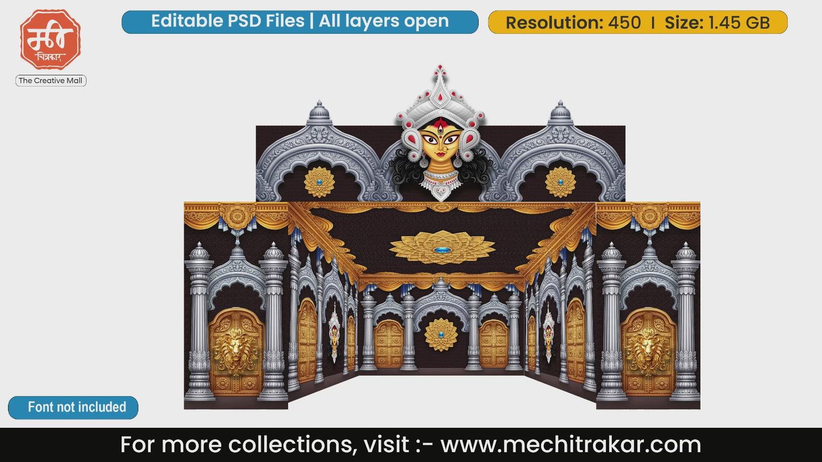 Goddess Durga face with golden doors 5 Side Decoration editable psd template