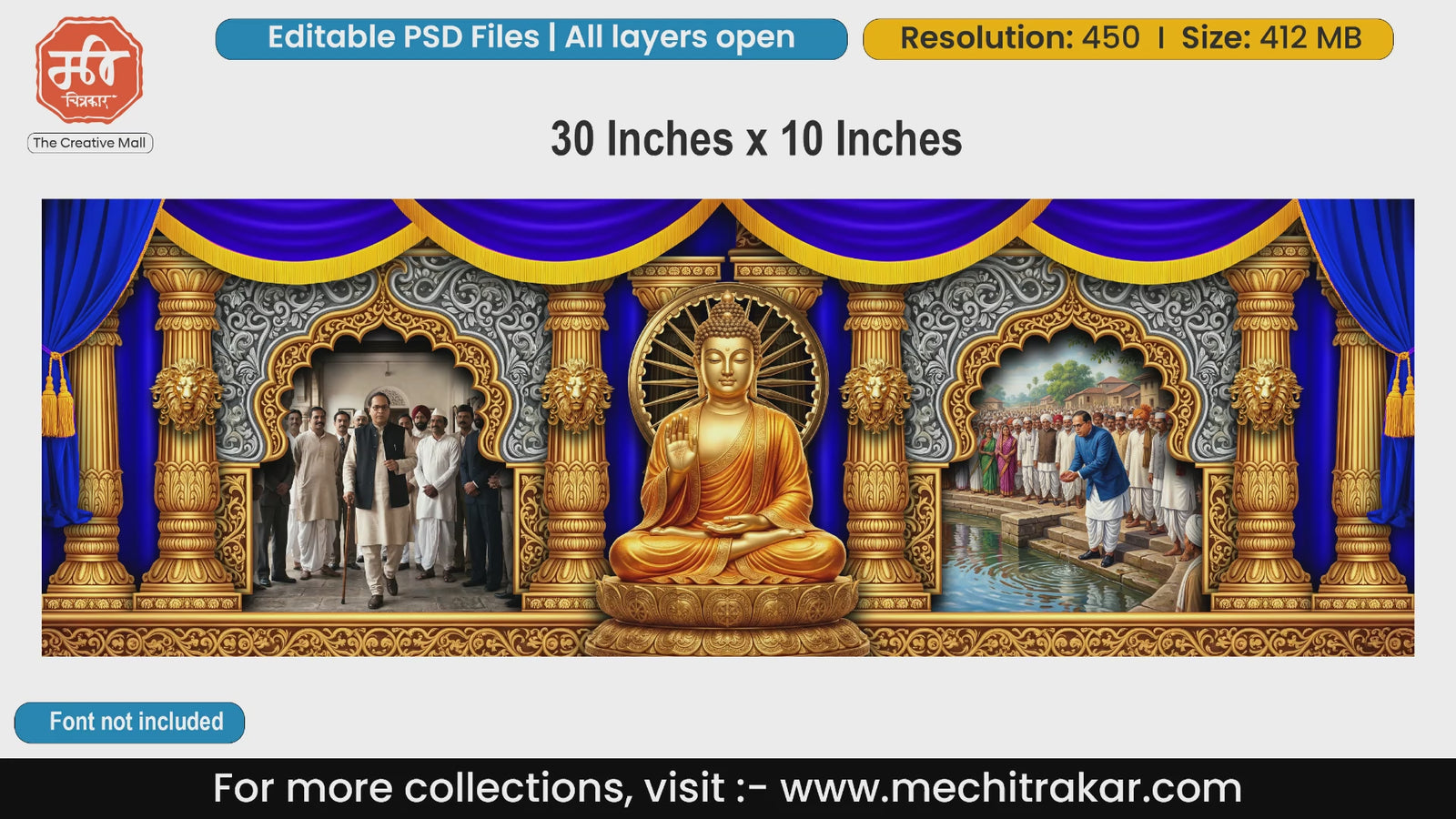 Golden Buddha and Dr. Babasaheb Ambedkar Mahad Satyagraha blue curtain editable PSD template.