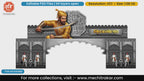 Chhatrapati Shivaji Maharaj holding a sword with a large Rajmudra on a stone entrance gate.