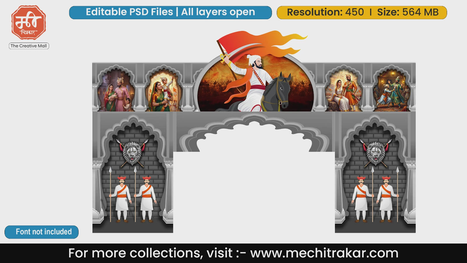 Chhatrapati Shivaji Maharaj horse riding entry gate editable PSD template with historical life event illustrations.