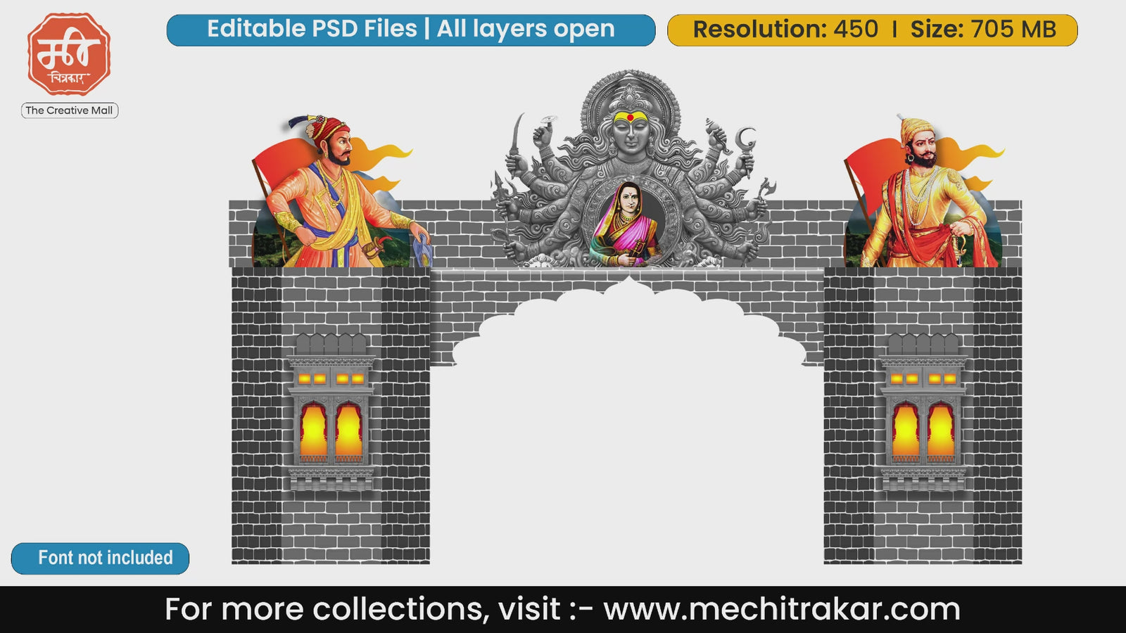 Fort archway editable PSD template displaying Goddess Durga, Rajmata Jijau, Chhatrapati Shivaji Maharaj, and Chhatrapati Sambhaji Maharaj.