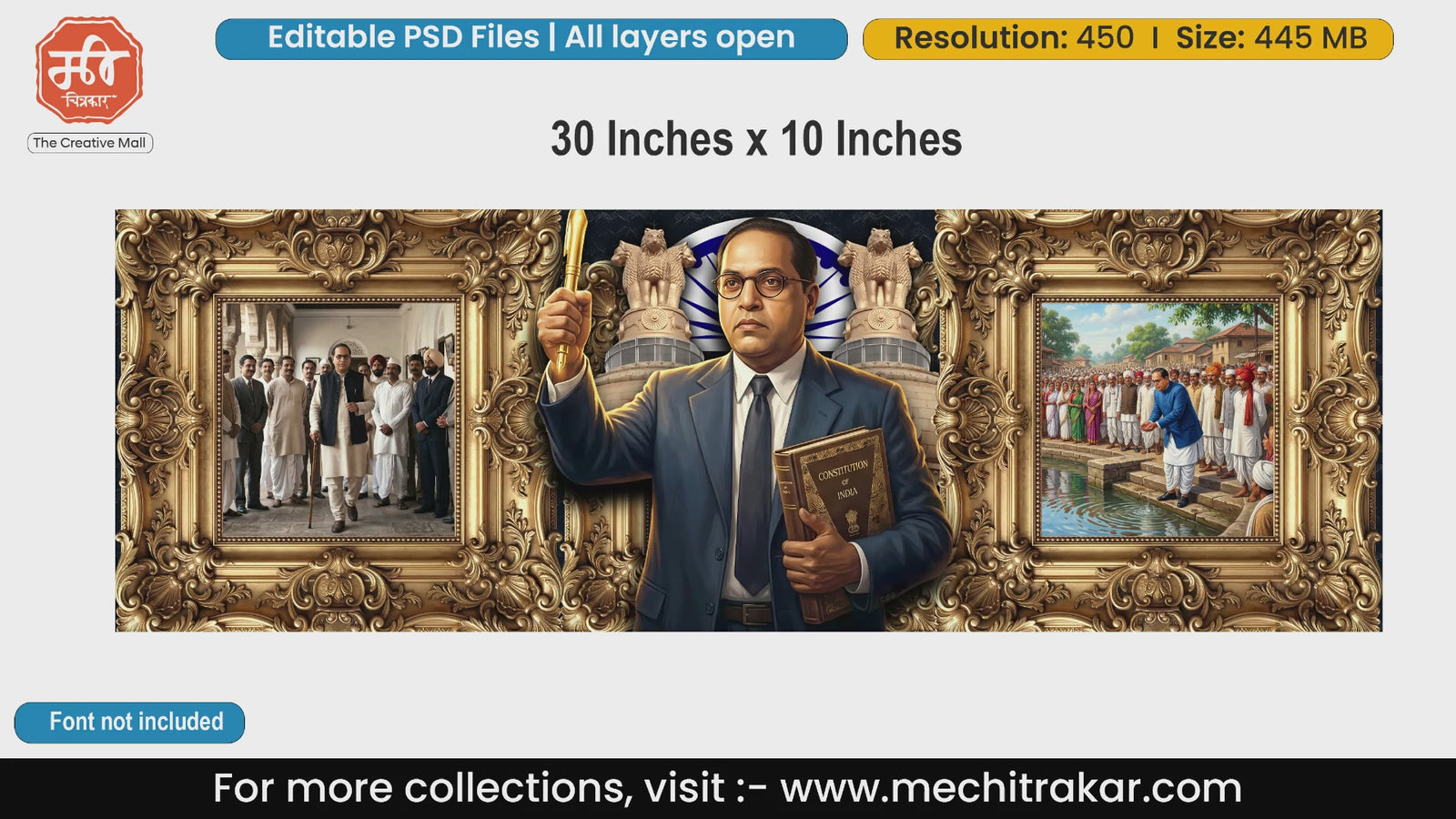 Dr. Babasaheb Ambedkar editable PSD backdrop template with golden frames and Mahad Satyagraha.