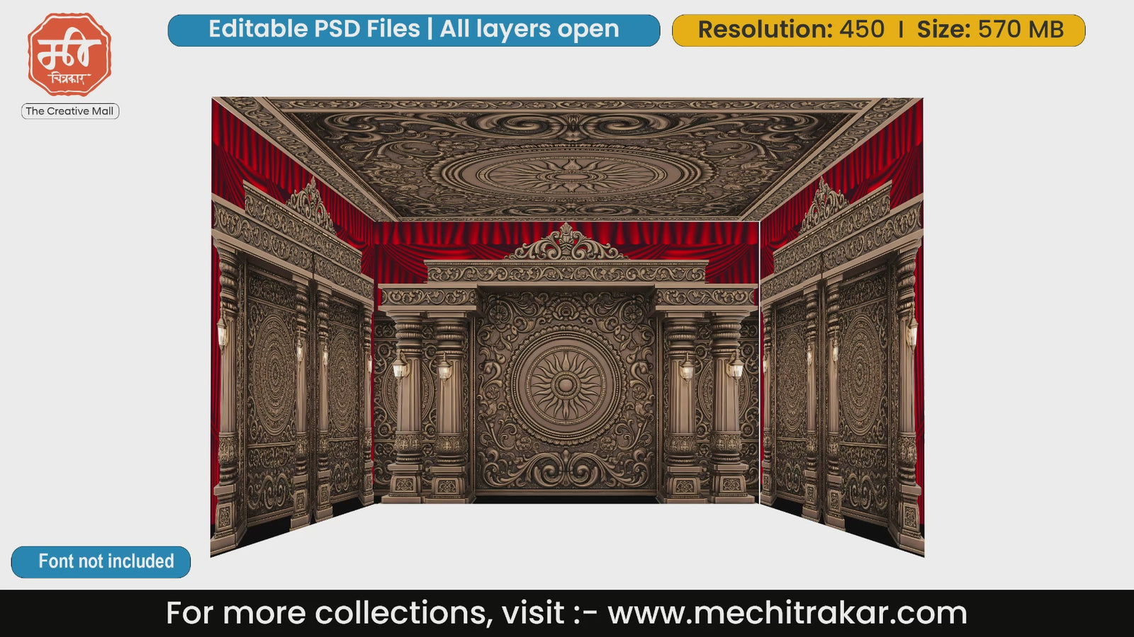 Antique brown carved 4 Side Decoration editable psd template with red curtains