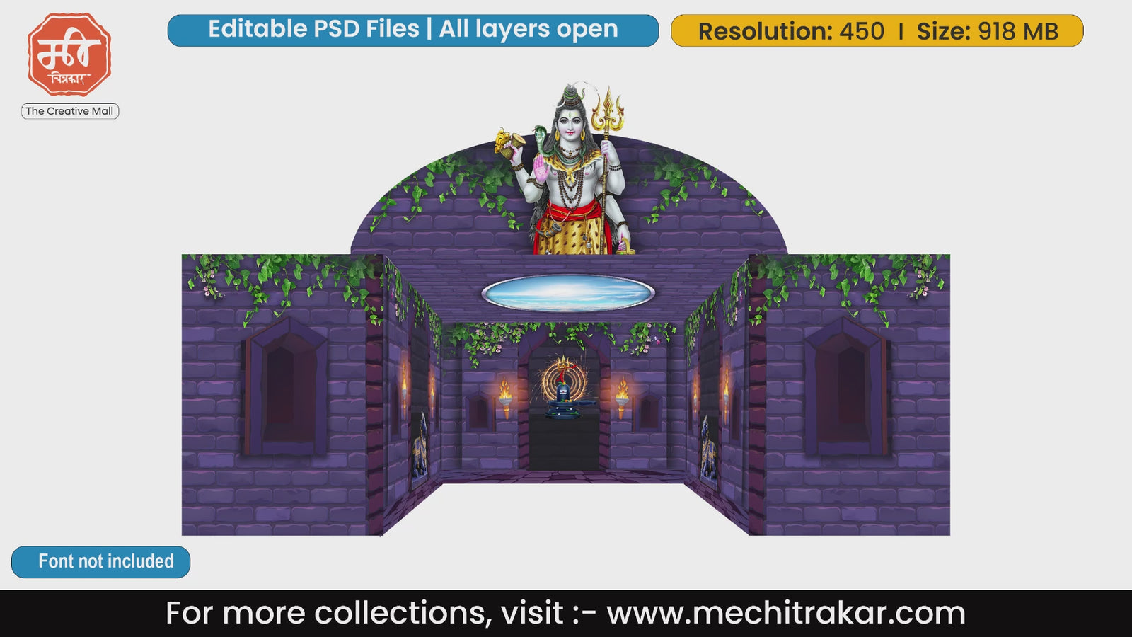 Divine Lord Shiva and Shivling temple interior layout for 5 Side Decoration editable psd template.