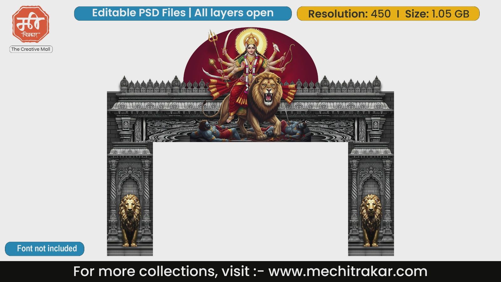 Navratri editable PSD entry gate showcasing Goddess Durga as Mahishasura Mardini against a black stone texture with golden lion statues.