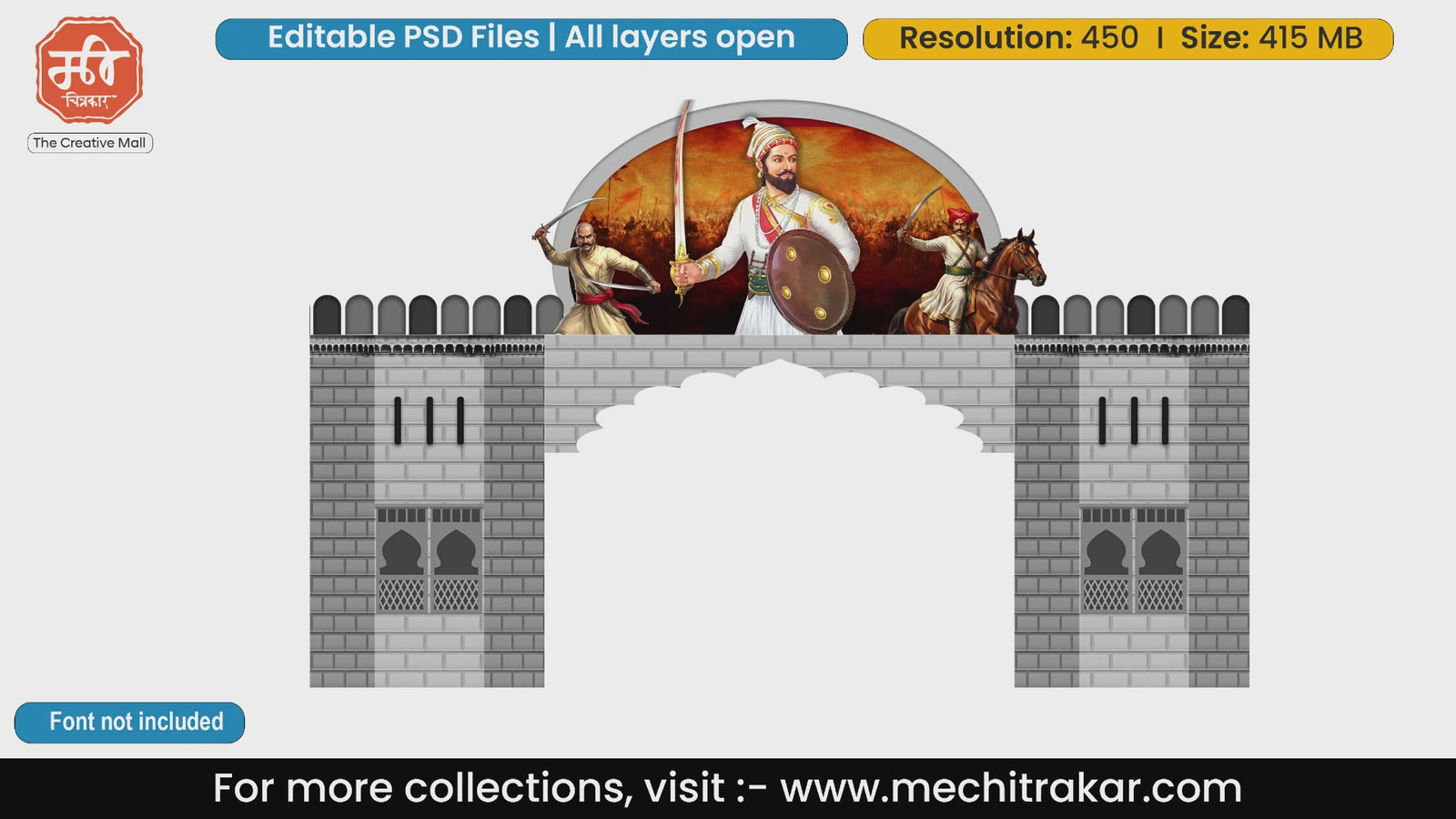 Chhatrapati Shivaji Maharaj sword and shield warrior pose entry gate editable PSD template.