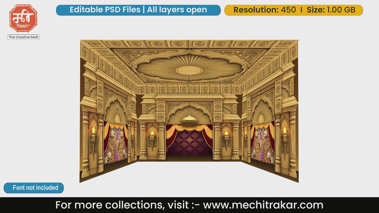 Golden royal mandap with beautiful peacock side panels 4 Side Decoration editable psd template