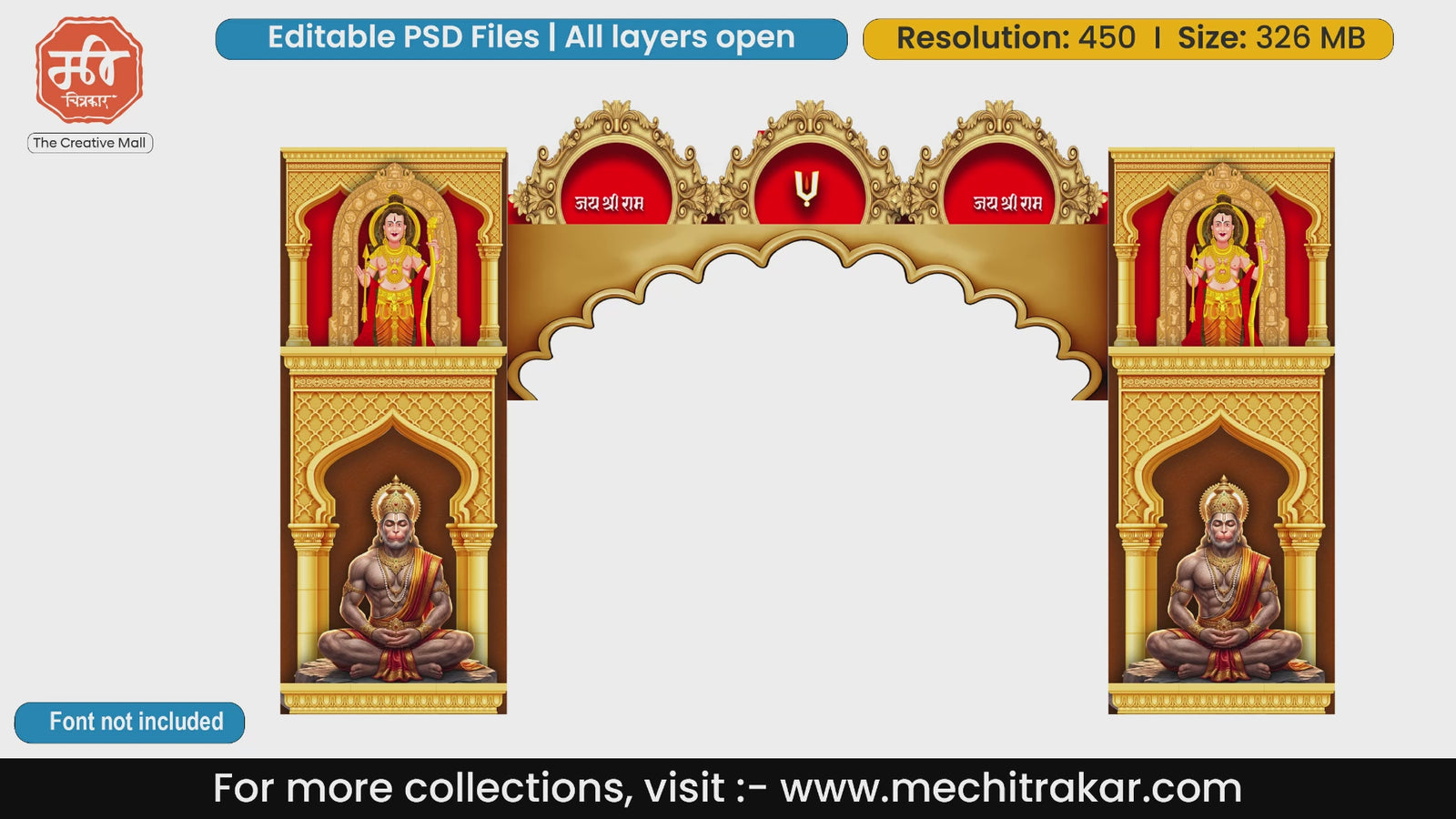 Meditating Lord Hanuman and Shri Ram entry gate editable PSD template featuring Ramanandi tilak and golden architectural arches.