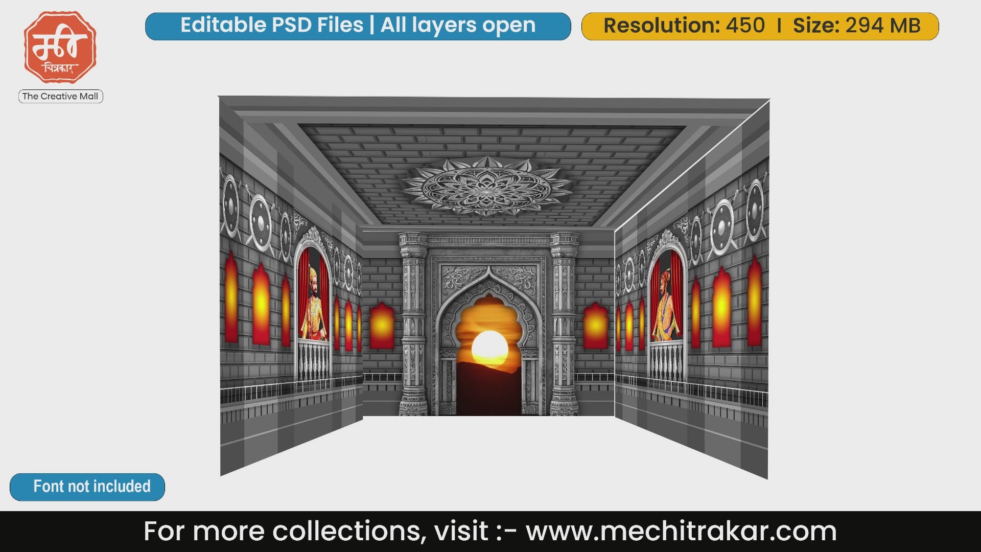 Grey stone Maratha fort wall 4 Side Decoration editable psd template with Chhatrapati Shivaji Maharaj portraits and sunset view
