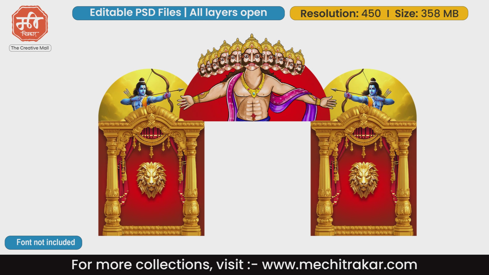 Premium editable welcome arch gate PSD template displaying ten-headed Ravana and Lord Rama aiming bow for Vijayadashami festival outdoor banner print.