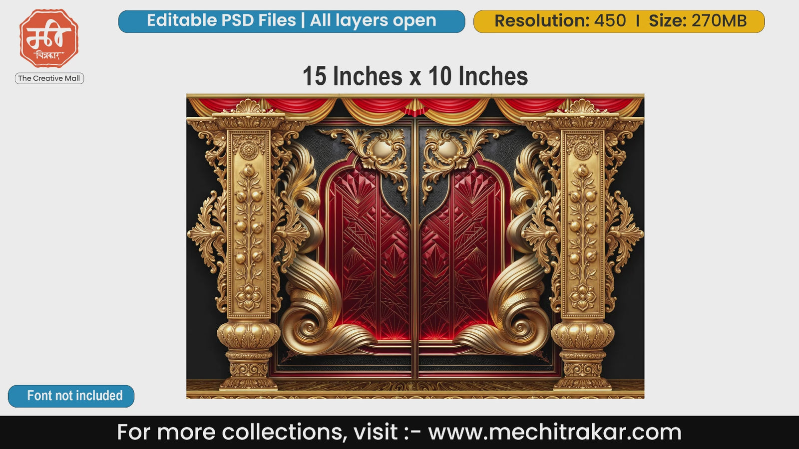 Grand royal palace entrance backdrop with golden ornate pillars, editable PSD template.