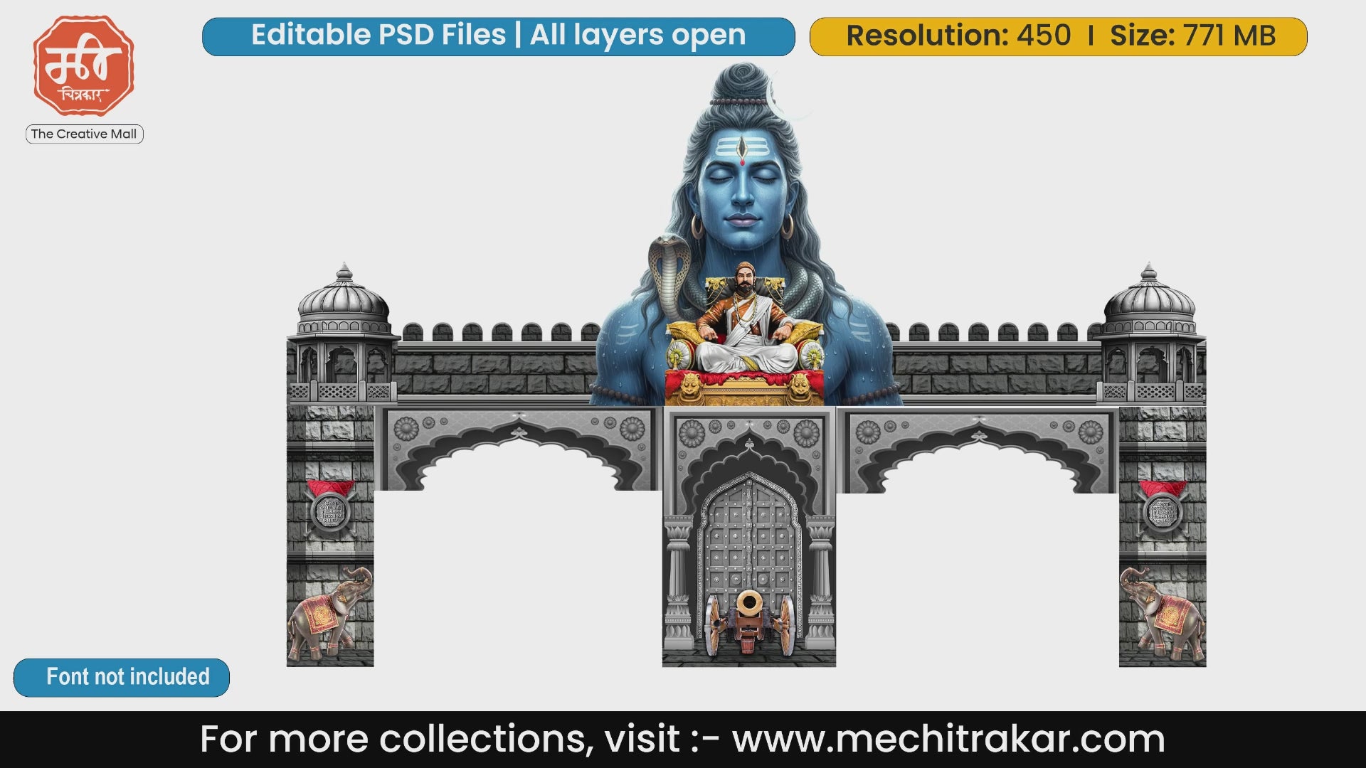 Editable PSD template for Shivjayanti entrance gate featuring a giant blue Lord Shiva background, Chhatrapati Shivaji Maharaj, and traditional elephants.