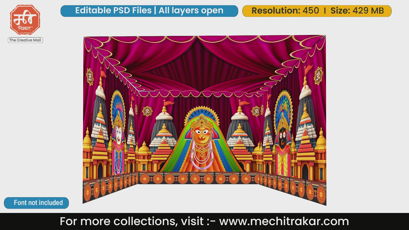 Lord Jagannath Balabhadra Subhadra colorful temple 4 Side Decoration editable psd template