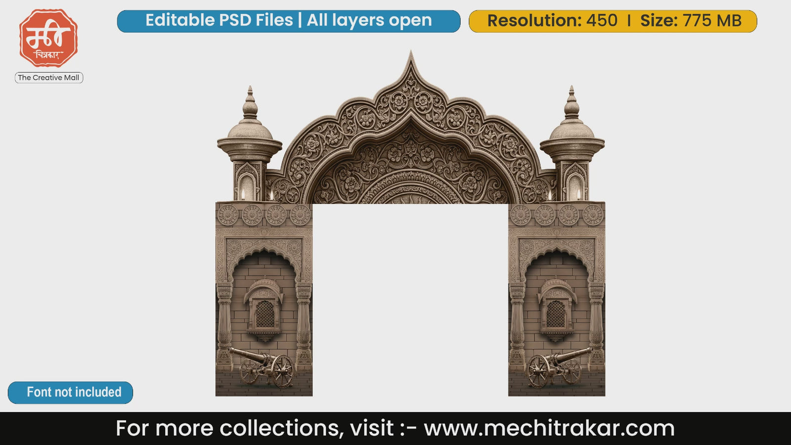 Editable PSD template of historic Maratha fort entry gate featuring traditional sandstone architecture and defensive cannons.
