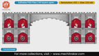 Editable PSD template of a majestic fort wall kaman featuring red arches with Maratha tutari blowers, royal shields, and swords for event entrances.