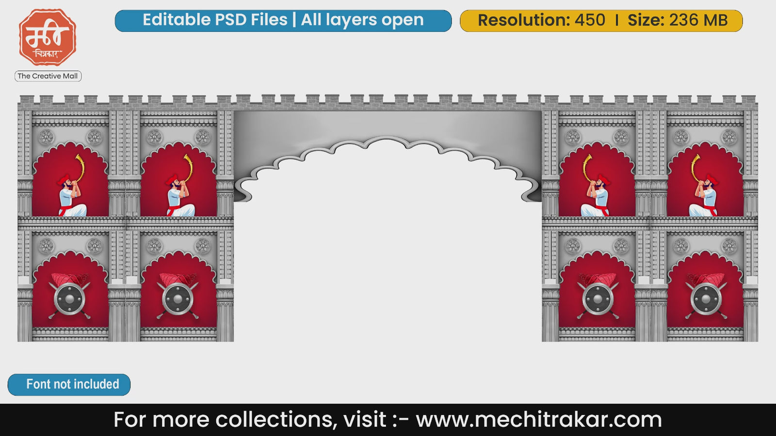 Editable PSD template of a majestic fort wall kaman featuring red arches with Maratha tutari blowers, royal shields, and swords for event entrances.