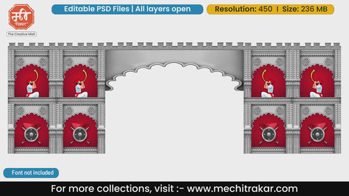 Editable PSD template of a majestic fort wall kaman featuring red arches with Maratha tutari blowers, royal shields, and swords for event entrances.
