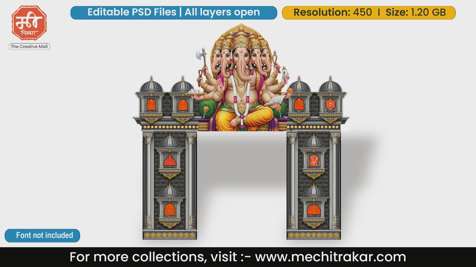 Panchamukhi Ganesha grand entry gate editable PSD template for Hindu festival and event decorators