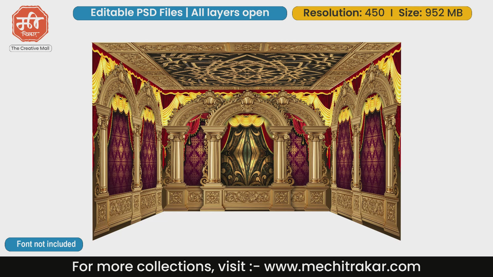 Royal golden palace 4 Side Decoration editable psd template with red drapes