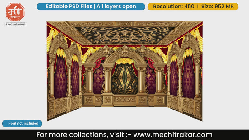 Royal golden palace 4 Side Decoration editable psd template with red drapes