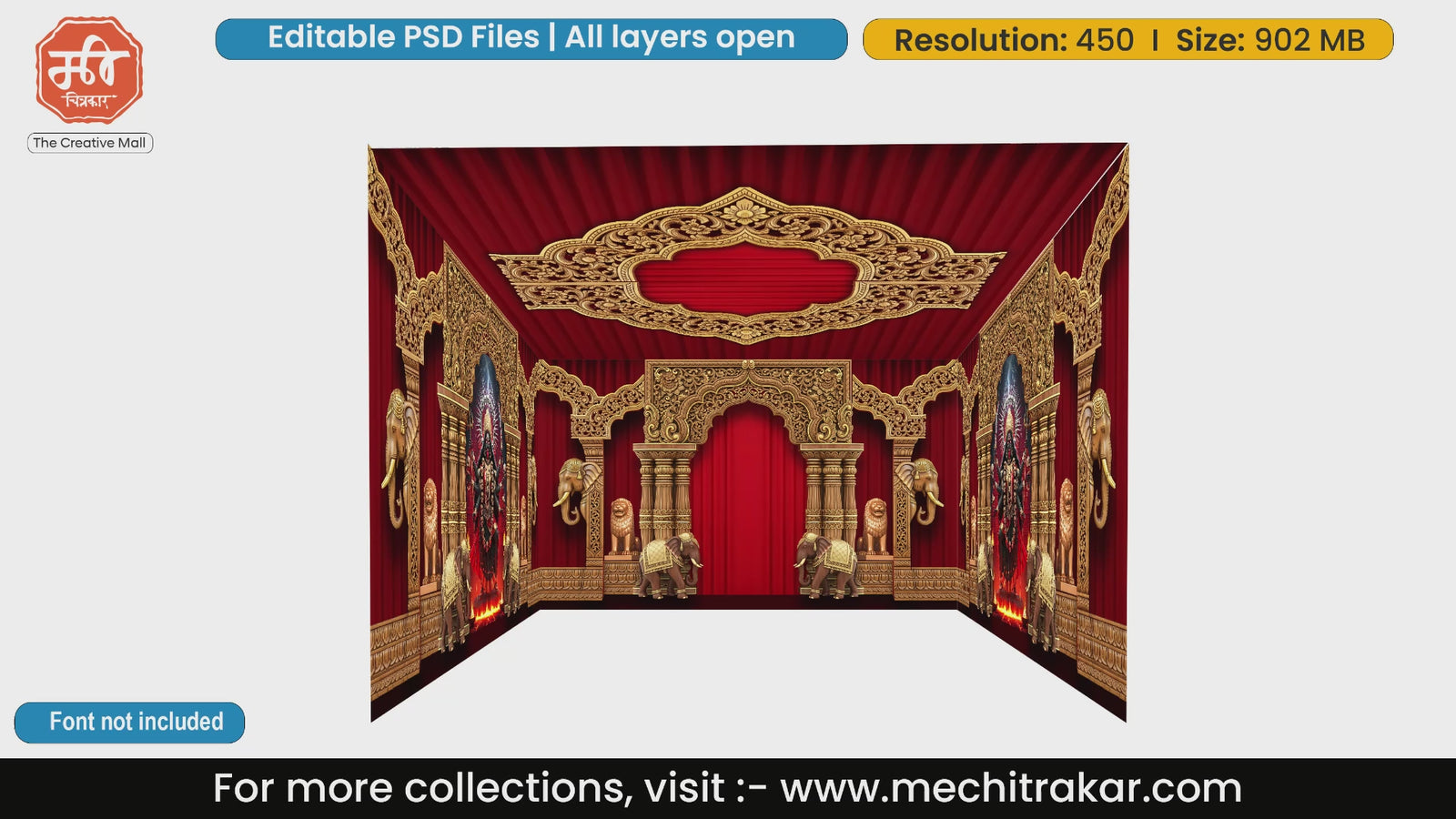 Royal pavilion featuring red curtains and gold ornaments in a fully layered 4 Side Decoration editable psd template.