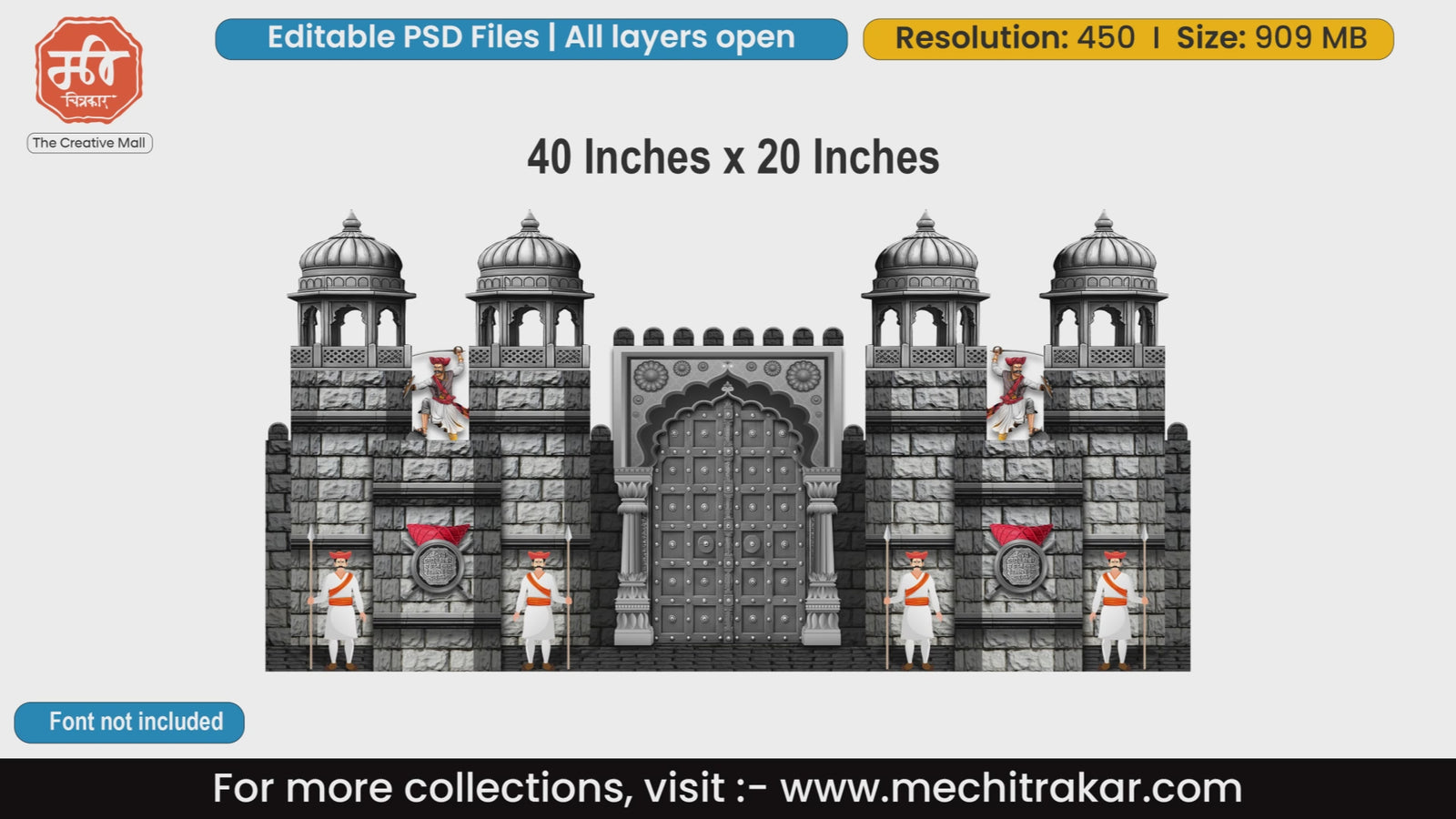 Editable PSD template of high-resolution 40x20 inches Maratha fort entrance banner featuring Rajmudra and Mawale guards for Shivjayanti flex printing.