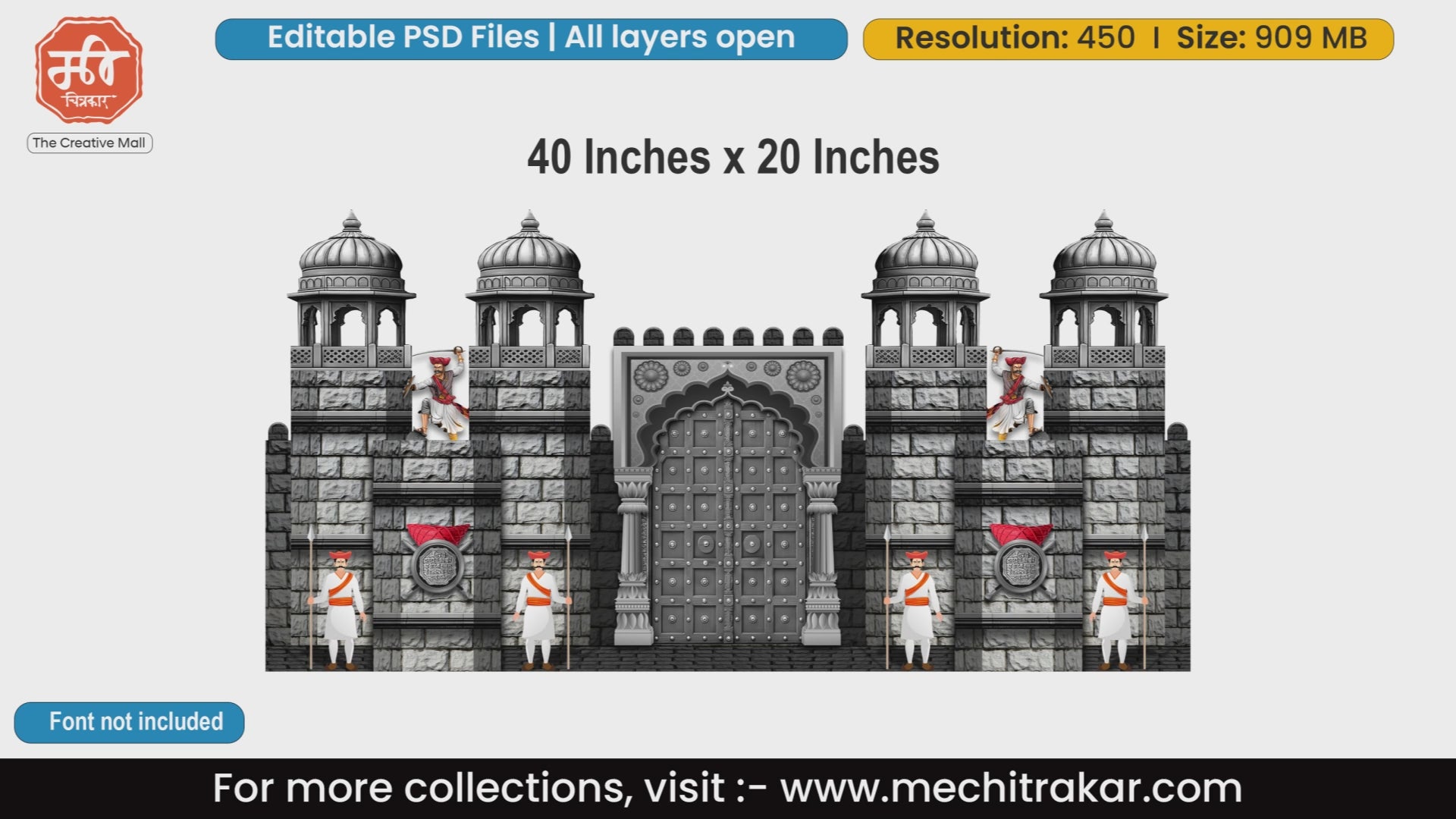 Editable PSD template of high-resolution 40x20 inches Maratha fort entrance banner featuring Rajmudra and Mawale guards for Shivjayanti flex printing.