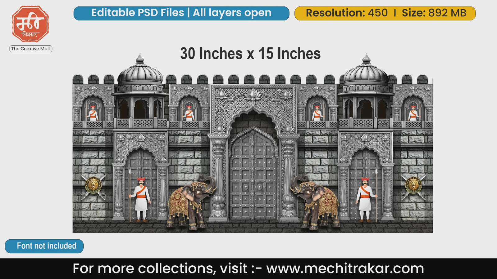 Triple gate stone fort wall background banner editable PSD template adorned with royal decorated elephants and Mawale guards for event branding.