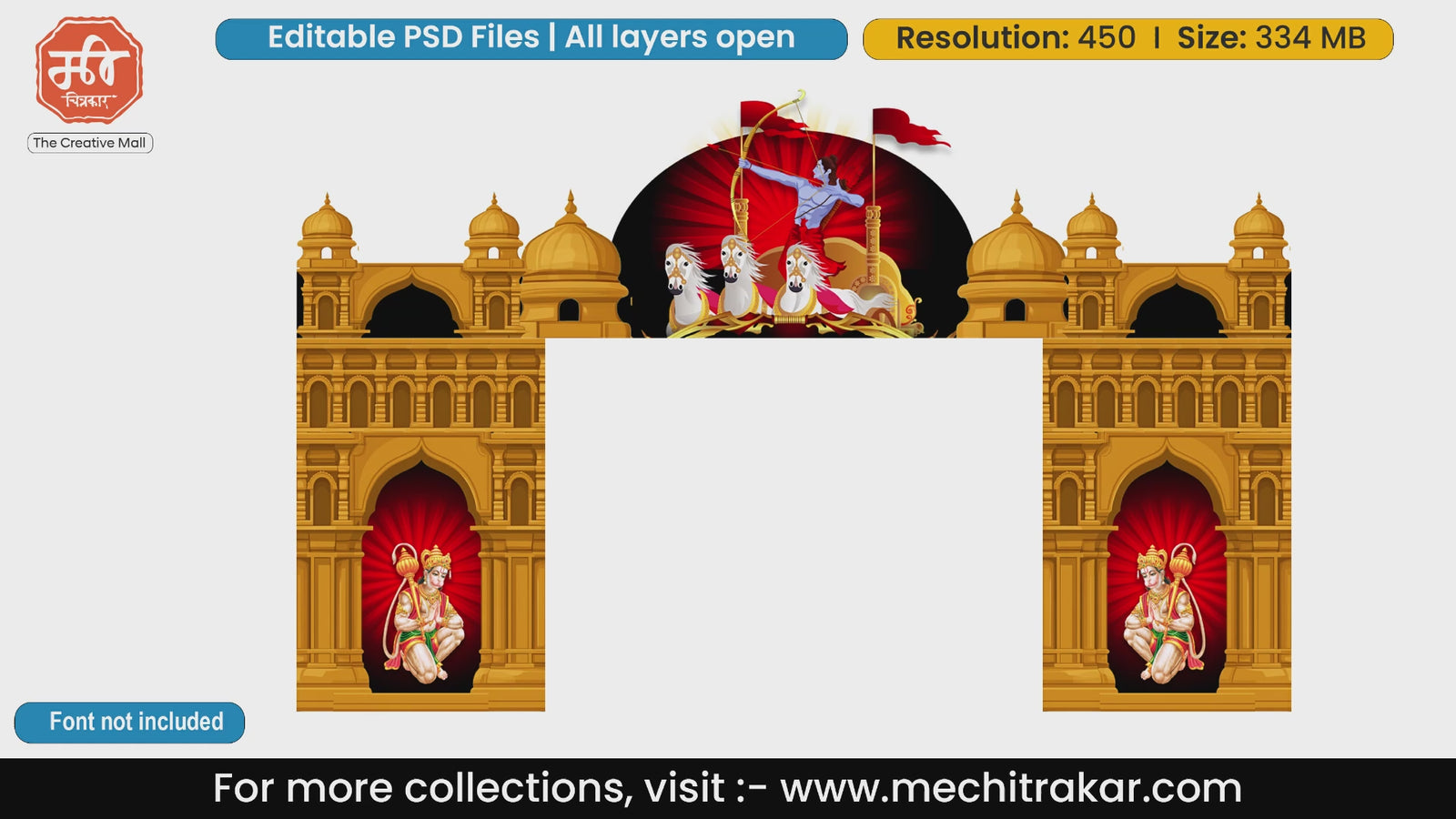 Shri Ram on chariot and sitting Hanuman entry gate editable PSD template with golden fort architecture for religious events.