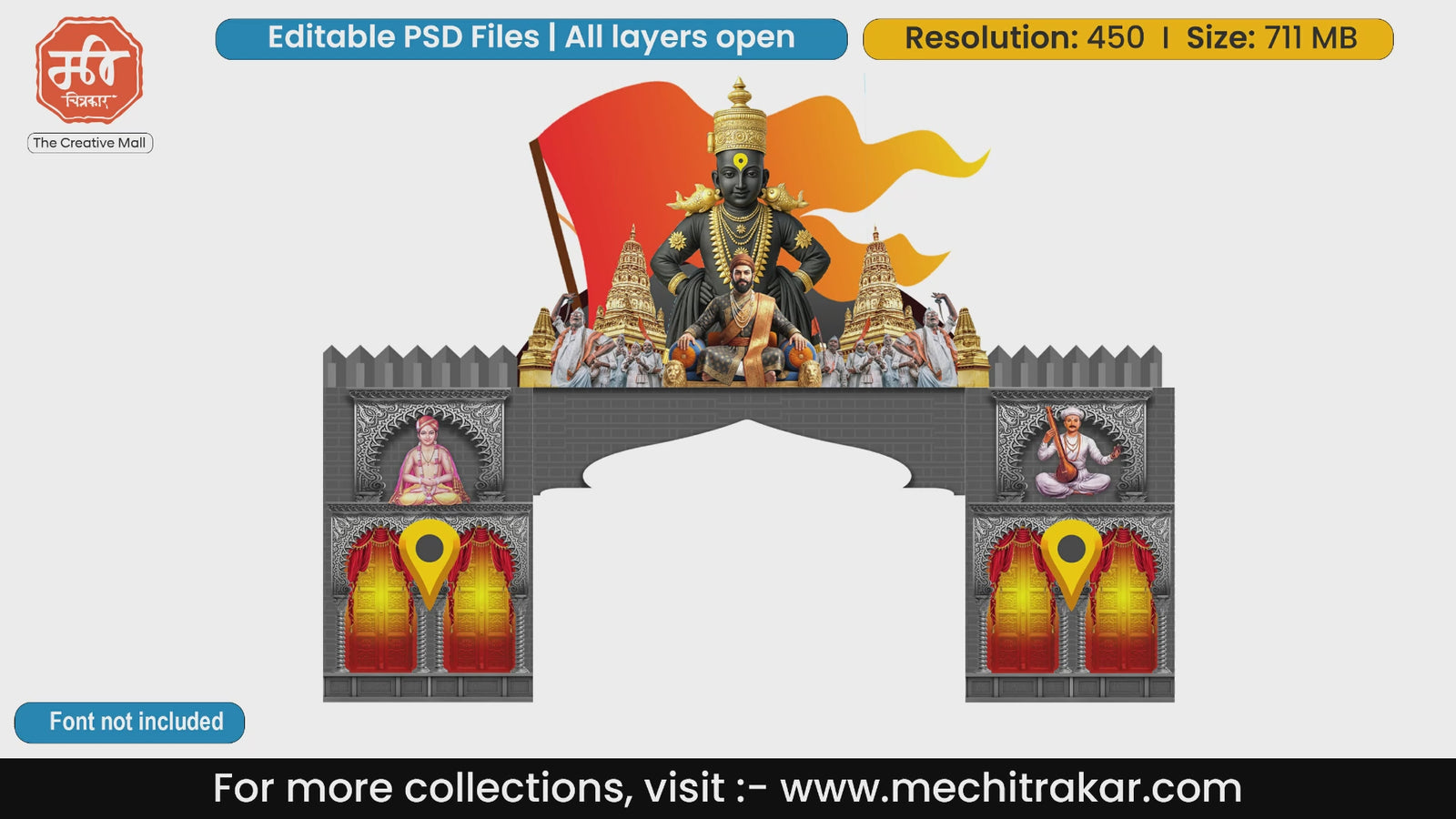 Lord Vitthal and Warkari theme entry gate editable PSD template with saffron flag.