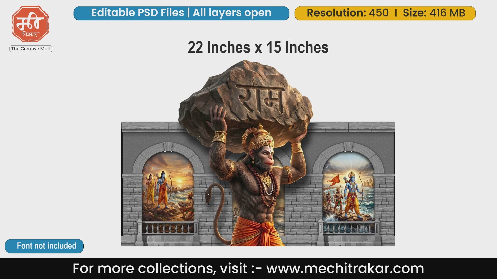Lord Hanuman carrying Sanjeevani mountain with stone arches editable psd template for event backdrops
