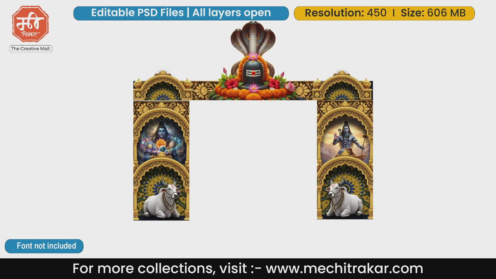 Floral decorated Shivling with golden arches and Nandi entrance gate editable PSD template.